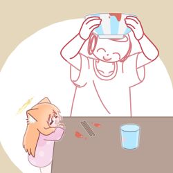 1boy 1girl absurdres animal_ear_fluff animal_ears blue_archive blunt_bangs bowl brown_background chibi chopsticks closed_eyes collarbone cup doodle_sensei_(blue_archive) drooling food food_on_face food_on_hand halo highres holding holding_bowl horuhara long_hair long_sleeves mari_(blue_archive) open_mouth orange_hair pajamas pink_pajamas polka_dot polka_dot_pajamas sensei_(blue_archive) short_sleeves sleeves_past_wrists yellow_halo