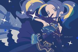 1girl aikatsu!_(series) aikatsu_planet! armpits artist_name belt black_belt blending blonde_hair blue_background dress elbow_gloves frilled_dress frills gloves idol idol_clothes jewelry long_dress looking_at_viewer medium_hair print_gloves purple_dress purple_eyes purple_gloves purple_hair rii_(mrhc7482) ruli_(aikatsu_planet!) sleeveless sleeveless_dress solo sparkle starry_sky_print twintails twitter_username