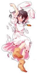 1girl alphes_(style) animal_ears arms_up black_hair blush carrot carrot_necklace commentary_request dairi defeat dress full_body inaba_tewi jewelry large_variant_set medium_hair necklace parody pendant puffy_sleeves rabbit_ears ribbon-trimmed_clothes ribbon_trim short_sleeves smile solo style_parody tachi-e torn_clothes touhou transparent_background variant_set white_dress