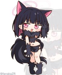 1girl animal_ears black_boots black_gloves black_hair black_scarf black_shirt black_skirt blue_archive blunt_bangs blush boots claw_pose colored_inner_hair commentary_request crop_top cropped_shirt full_body gloves halo hana_kazari hand_up highres kazusa_(blue_archive) looking_at_viewer multicolored_hair navel open_mouth pink_eyes pink_hair pink_halo scarf shirt short_hair simple_background skirt sleeveless sleeveless_shirt solo standing tail two-tone_hair white_background wolf_ears wolf_girl wolf_tail zoom_layer