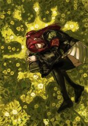 1girl armband ashashio black_jacket black_thighhighs book closed_eyes field flower flower_field hair_bobbles hair_ornament highres holding holding_book jacket long_hair long_sleeves lying red_hair skirt thighhighs umineko_no_naku_koro_ni ushiromiya_ange white_skirt