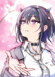 1girl absurdres black_hair blush cherry_blossoms collar collared_shirt ear_piercing grey_jacket hair_between_eyes hand_up highres horns ichinose_uruha jacket kiiro_(cocoa080) long_sleeves looking_up multicolored_hair open_clothes open_jacket open_mouth petals piercing pink_eyes shirt short_hair sidelocks solo streaked_hair upper_body virtual_youtuber vspo! white_shirt