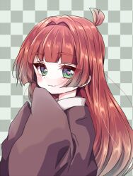 1girl ahoge blunt_bangs blush brown_kimono checkered_background closed_mouth from_side green_eyes grey_background hair_intakes hands_up hime_cut japanese_clothes kimi_no_koto_ga_dai_dai_dai_dai_daisuki_na_100-nin_no_kanojo kimono long_hair long_sleeves looking_at_viewer low-tied_long_hair red_hair sleeves_past_fingers sleeves_past_wrists smile solo thick_eyebrows upper_body wide_sleeves yakuzen_yaku yumenobetsu