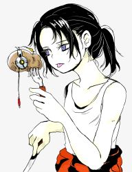 1girl bad_id bad_pixiv_id black_hair breasts chell female_focus food glados jumpsuit knife long_hair ponytail portal portal_(series) portal_1 portal_2 potato small_breasts solo tank_top