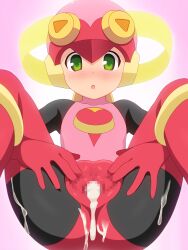 1girl :o absurdres aftersex blush censored commentary commission cum cum_in_pussy cum_on_body cum_on_legs cumdrip curakuru feet_out_of_frame flat_chest gradient_background green_eyes helmet highres knees_up loli mega_man_(series) mega_man_battle_network_(series) mosaic_censoring netnavi open_mouth pink_background pink_helmet roll.exe_(mega_man) simple_background skeb_commission solo spread_pussy spreading_own_pussy