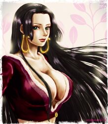 Rule 34 | 1girl, black hair, blue eyes, boa hancock, breasts, cleavage, closed mouth, commentary request, crop top, earrings, eyelashes, floating hair, jewelry, long hair, long sleeves, looking at viewer, one piece, oregano551, plunging neckline, red lips, sidelocks, snake earrings, solo, twitter username, upper body