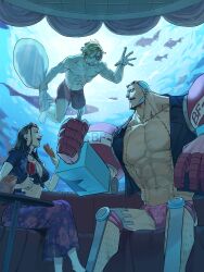 1girl 2024 2boys alcohol backlighting black_hair blonde_hair blue_hair cropped_jacket cup curly_eyebrows cyborg drinking_glass fish franky_(one_piece) friends hair_over_one_eye hairy_legs highres holding_breath jacket linea_alba looking_at_another multiple_boys muscular muscular_male nico_robin nico_robin_(return_to_sabaody) ocean official_alternate_costume one_piece sanji_(one_piece) short-sleeved_jacket short_sleeves swimming tentaro_en toned toned_male topless_male underwater water wine wine_glass zipper zipper_pull_tab