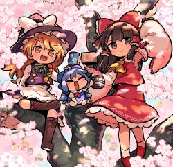 6+girls absurdres ahoge alcohol apron ascot bare_shoulders black_eyes black_hair black_headwear black_vest blonde_hair blue_dress blue_hair blush boots bow brown_footwear can cherry_blossoms cirno closed_eyes closed_mouth clownpiece daiyousei detached_sleeves dress eternity_larva fairy frilled_skirt frills hair_bow hair_tubes hakurei_reimu hat hat_bow highres holding holding_can ice ice_wings in_tree japanese_clothes kirisame_marisa knee_boots lily_white long_hair long_sleeves luna_child masu moyazou_(kitaguni_moyashi_seizoujo) multiple_girls nontraditional_miko open_mouth red_bow red_footwear red_skirt ribbon-trimmed_sleeves ribbon_trim shirt shoes short_hair short_sleeves sidelocks sitting sitting_in_tree skirt smile socks star_sapphire sunny_milk touhou tree vest waist_apron white_apron white_bow white_shirt white_sleeves white_socks wide_sleeves wings witch_hat yellow_ascot yellow_eyes