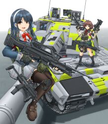 2girls 5.56x45mm_nato absurdres ammunition ammunition_pouch assault_rifle asymmetrical_dual_wielding black_footwear black_hair black_skirt black_thighhighs blue_jacket blue_ribbon boots bow bowtie breasts bright_pupils brown_eyes brown_footwear brown_hair brown_jacket bullet carbine carbine_cartridge caterpillar_tracks collared_shirt combat_boots commentary_request dmr_cartridge dual_wielding fingerless_gloves gloves gradient_background green_gloves green_skirt grenade_launcher grey_skirt gun h&amp;k_g36 h&amp;k_mark_23 h&amp;k_mg4 h&amp;k_mp7 hair_ribbon handgun hands_up heckler_&amp;_koch highres holding holding_gun holding_weapon intermediate_cartridge jacket kac_mk23_suppressor knda_deutschland knight&#039;s_armament_company lace-up_boots light_machine_gun lmg_cartridge load_bearing_vest loafers long_hair long_sleeves looking_at_viewer low_ponytail m320 machine_gun magazine_(weapon) medium_breasts mikeran_(mikelan) military_vehicle miniskirt motor_vehicle multiple_girls neck_ribbon no_humans offensive_handgun open_mouth original panther_kf51 personal_defense_weapon plaid_clothes plaid_skirt pleated_skirt ponytail pouch radio_antenna red_bow red_bowtie red_ribbon remote_controlled_weapon_station rheinmetall ribbon rifle rifle_cartridge school_uniform shadow shirt shoes short_eyebrows sitting skirt smile stand-alone_configuration standing submachine_gun suppressor tank thick_eyebrows thighhighs translucent trigger_discipline v-shaped_eyebrows vehicle_focus vertical_foregrip weapon weapon_request white_pupils white_shirt
