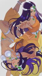 Rule 34 | 2girls, anklet, armlet, armor, asymmetrical dress, bikini armor, breasts, brown eyes, circlet, cleavage, crystal ball, dark-skinned female, dark skin, dragon quest, dragon quest iv, dress, earrings, forehead jewel, full body, gem, green gemstone, handstand, highres, holding orb, jewelry, kyufe, loincloth, long dress, long hair, long sleeves, manya (dq4), medium breasts, metal belt, metal bikini, metal bra, minea (dq4), multiple girls, neck ring, open mouth, orange dress, orange loincloth, orb, outstretched arm, outstretched hand, pelvic curtain, purple hair, reaching, reaching towards viewer, siblings, sideboob, single bare shoulder, single sleeve, sisters, smile, sphere earrings, teeth, thighlet, upper teeth only, upside-down