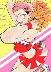 1boy bare_shoulders black_hair cheerleader crop_top crossdressing from_side hair_ornament hairclip holding holding_pom_poms itadori_yuuji juju_net jujutsu_kaisen looking_back male_focus male_underwear male_underwear_peek midriff pink_hair pom_pom_(cheerleading) pom_poms short_hair simple_background skirt solo spiked_hair thighs undercut underwear wristband