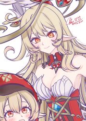 2girls absurdres alice_(genshin_impact) armpits artist_name blonde_hair blush breasts cleavage closed_mouth collarbone dated detached_collar dress elf eyebrows_hidden_by_hair eyes_visible_through_hair genshin_impact hat highres klee_(genshin_impact) large_breasts lipstick long_hair looking_at_another makeup mother_and_daughter multiple_girls open_mouth orange_eyes pink_lips pointy_ears red_dress red_hat signature smile standing very_long_hair white_background y.l.q.