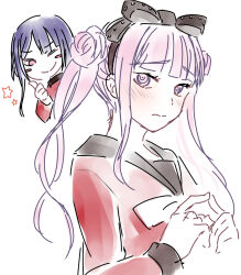 Rule 34 | 1boy, 1girl, black bow, black hairband, black headband, bow, brother and sister, hair between eyes, hairband, headband, highres, long hair, matching hair/eyes, one eye closed, pink eyes, pink hair, purple hair, siblings, simple background, star (symbol), the hundred line -last defense academy-, thumbs up, tsukumo ima, tsukumo kako, twins, twintails, white background, wink