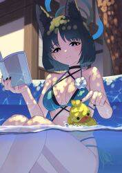 1girl animal_ears bikini black_eyes black_hair black_nails blue_archive blue_bikini blue_halo book breasts cat_ears flower halo highres holding holding_book kikyou_(blue_archive) kikyou_(swimsuit)_(blue_archive) layered_bikini looking_at_viewer medium_breasts multi-strapped_bikini_bottom nail_polish official_alternate_costume outdoors partially_submerged rubber_duck short_hair shrimp1634 solo swimsuit