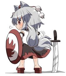 1girl :3 animal_ear_fluff animal_ears black_skirt blush closed_mouth commentary_request detached_sleeves from_behind full_body geta grey_hair hat inubashiri_momiji leaf_print maple_leaf_print pom_pom_(clothes) puff_of_air red_eyes red_hat red_skirt rokugou_daisuke shield shirt short_hair signature simple_background skirt sleeveless sleeveless_shirt solo standing sword tail tokin_hat touhou two-tone_skirt v-shaped_eyebrows weapon white_background white_shirt white_sleeves wolf_ears wolf_girl wolf_tail