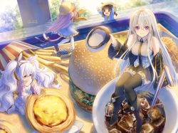 4girls animal_ears arm_support arms_up azur_lane bad_id bad_pixiv_id bare_shoulders bell bendy_straw black_footwear black_jacket black_neckwear black_skirt black_thighhighs blue_shirt boots bow breasts brown_hair burger camisole cat_ears cat_girl cat_tail coke commentary_request cup day disposable_cup drinking_straw ears_through_headwear enterprise_(azur_lane) fingernails flying_sweatdrops food french_fries fur-trimmed_jacket fur_trim green_eyes grin hair_between_eyes hair_ornament hair_ribbon hairband haneru hat highres holding holding_unworn_clothes holding_unworn_hat hugging_object ice ice_cube in_food indoors jacket jingle_bell kindergarten_uniform kisaragi_(azur_lane) knee_boots laffey_(azur_lane) large_breasts long_hair long_sleeves looking_at_viewer mini_person minigirl multiple_girls mutsuki_(azur_lane) necktie off_shoulder outstretched_arms pantyhose pink_hair pink_jacket pleated_skirt purple_eyes rabbit_ears red_bow red_hairband red_ribbon ribbon school_hat shirt signature silver_hair sitting skirt sleeveless sleeveless_shirt sleeves_past_wrists smile standing standing_on_one_leg strap_slip tail tail_bell tail_bow tail_ornament thighhighs unworn_hat unworn_headwear very_long_hair wariza white_camisole white_footwear white_legwear white_shirt yellow_hat yellow_skirt