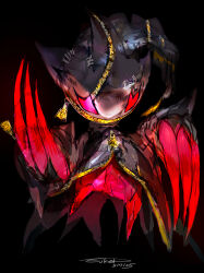 absurdres artist_name banette closed_mouth colored_sclera evil_grin evil_smile full_body gen_3_pokemon grin highres huge_claws mega_banette mega_pokemon monster nintendo no_humans other_focus pokemon pokemon_(creature) red_claws red_sclera smile solo sukepmonster zipper_pull_tab