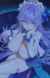 1girl absurdres blue_eyes blue_flower blush breasts breasts_apart cantarella_(wuthering_waves) cowboy_shot dress earrings facial_mark flower hair_between_eyes hair_flower hair_ornament headdress highres jewelry large_breasts long_hair long_sleeves looking_at_viewer mark_under_eye mole mole_under_eye notcy4n pendant purple_hair shrug_(clothing) side_slit smile solo thighhighs thighs tongue tongue_out very_long_hair white_dress white_shrug wuthering_waves