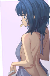 1girl absurdres back back_focus backless_dress backless_outfit bag_of_chips bare_arms bare_back bare_shoulders blue_eyes blue_hair blue_sweater border breasts chips_(food) dress food food_in_mouth from_behind halterneck highres make_heroine_ga_oo_sugiru! medium_breasts medium_hair meme_attire naisu_(nai_su01) naked_sweater outside_border pink_background potato_chips profile shoulder_blades simple_background solo sweater sweater_dress upper_body virgin_killer_sweater white_border yanami_anna