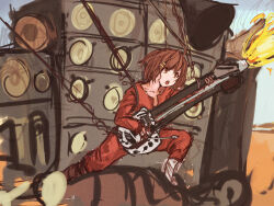 1girl desert double_neck_guitar fire highres hirasawa_yui k-on! leaning_forward mad_max mad_max:_fury_road outdoors panties_(pantsu-pirate) playing_guitar playing_instrument reference_request rope speaker teeth upper_teeth_only