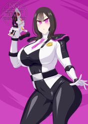 1girl bodysuit brown_hair holding_blaster ichikawa_sumino kaitou_sentai_lupinranger_vs._keisatsu_sentai_patranger no.1_sentai_gozyuger no_headwear otokamu pink_eyes solo super_sentai weapon