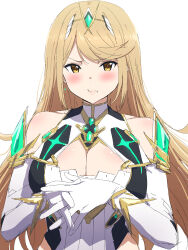 1girl :i bare_shoulders blonde_hair blush breasts brown_eyes cleavage closed_mouth dress elbow_gloves gloves headpiece highres interlocked_fingers large_breasts long_hair misaki_nonaka mythra_(xenoblade) own_hands_together pout simple_background solo upper_body very_long_hair white_background white_dress white_gloves xenoblade_chronicles_(series) xenoblade_chronicles_2