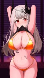 1girl absurdres alternate_costume arknights armpits bare_arms bare_shoulders bikini black_shirt blurry blurry_background breasts cleavage clothes_lift commentary_request commission cowboy_shot demon_horns gold_bikini grey_hair halterneck highres horns korean_commentary large_breasts lifting_own_clothes long_hair looking_at_viewer material_growth mouth_hold mudrock_(arknights) navel no_pants oripathy_lesion_(arknights) red_eyes shirt shirt_lift side-tie_bikini_bottom sleeveless sleeveless_shirt solo stomach string_bikini swimsuit thighs wet yeong100