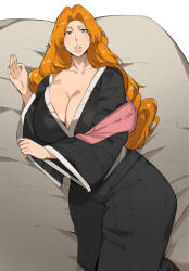 1girl bleach blue_eyes breasts collarbone dr_octojuice highres japanese_clothes large_breasts lips looking_at_viewer lying matsumoto_rangiku mole mole_under_mouth on_back orange_hair pink_shawl shawl shihakusho