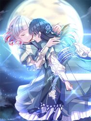 Rule 34 | 2girls, blue eyes, blue flower, blue hair, blunt bangs, braid, closed mouth, commentary request, cowboy shot, diagonal-striped clothes, diagonal-striped kimono, dollchestra, flower, full moon, green kimono, grey hair, hair flower, hair ornament, half up braid, half updo, highres, japanese clothes, kimono, layered sleeves, link! like! love live!, long sleeves, love live!, moon, multicolored hair, multiple girls, murano sayaka, parted lips, pleated skirt, profile, red hair, sakari (pear 8 ll), short hair, short over long sleeves, short sleeves, skirt, smile, split mouth, streaked hair, striped clothes, striped kimono, take it over (love live!), virtual youtuber, wavy hair, yugiri tsuzuri