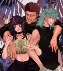 3boys androgynous black_choker black_coat black_hair black_shirt blue_eyes blue_hair brown_hair choker coat cowboy_shot double_bun face_piercing hair_bun hakari_kinji highres hoshi_kirara jujutsu_kaisen kashimo_hajime linea_alba lip_piercing male_focus medium_hair multiple_boys palm_leaf piercing purple_hair red_eyes rei_(poro06625649) shirt short_hair sleeveless sleeveless_shirt star-shaped_pupils star_(symbol) symbol-shaped_pupils tan