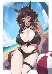 Rule 34 | 1girl, absurdres, animal ears, ball, bare shoulders, beach, beachball, bikini, black bikini, blue sky, blush, breasts, brown hair, cleavage, closed mouth, cloud, day, eyewear on head, gentildonna (umamusume), highres, horse ears, horse girl, horse tail, huge breasts, long hair, looking at viewer, mitsune (3chune), navel, ocean, outdoors, palm tree, red eyes, sand, sky, smile, solo, sunglasses, swimsuit, tail, thigh strap, tree, umamusume
