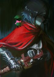 1boy 1other absurdres androgynous armor black_fur black_hair blue_skin breastplate cape closed_mouth colored_skin commentary covered_eyes deltarune drawing_sword english_commentary from_side furry furry_male gauntlets glint green_hat green_robe hair_over_eyes hat highres holding holding_sword holding_weapon kris_(deltarune) making-of_available medium_hair mini_person miniboy pink_scarf ralsei red_cape robe scarf shadches72 sheath silver_armor size_difference standing_on_another&#039;s_shoulder sword unsheathing upper_body weapon witch_hat