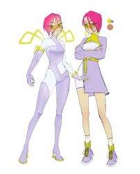 1girl ankle_socks aqua_eyes asymmetrical_gloves asymmetrical_hair bare_legs belt belt_buckle bodysuit boots bright_pupils buckle closed_mouth clothing_cutout coat color_guide commentary crop_top crossed_arms earrings elbow_gloves english_commentary expressionless fairy full_body gloves goggles green-tinted_eyewear green_belt green_shrug green_wings hair_between_eyes high_heel_boots high_heels highres jewelry knees layered_clothes light_frown long_hair_between_eyes long_sleeves looking_at_viewer magical_girl miniskirt pencil_skirt pink_hair purple_bodysuit purple_boots purple_coat purple_gloves purple_shoes redesign shirt shoes short_hair simple_background single_elbow_glove skirt sneakers socks stomach_cutout strapless strapless_shirt tecna_(winx_club) thigh_boots tinted_eyewear triangle_earrings turtleneck turtleneck_shrug variations white_background white_bodysuit white_pupils white_shirt white_skirt wikate wings winx_club