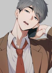 1boy bright_7wt collared_shirt formal_clothes grey_background grey_eyes grey_hair haikyuu!! highres jacket long_sleeves looking_at_viewer male_focus miya_osamu necktie open_mouth red_necktie shirt short_hair simple_background solo suit suit_jacket teeth tongue upper_teeth_only white_shirt
