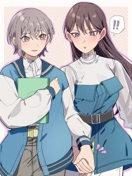 ! !! 2girls animal_ears bang_dream! bang_dream!_it&#039;s_mygo!!!!! belt black_belt blue_dress blue_jacket blush border brown_eyes brown_hair collared_shirt commentary_request dress dress_shirt earrings grey_hair grey_skirt hair_between_eyes highres holding holding_hands holding_notebook jacket jewelry long_hair long_sleeves mismatched_earrings mole mole_under_eye multiple_girls nanami_(nunnun_0410) notebook open_clothes open_jacket open_mouth outline outside_border purple_eyes purple_outline shiina_taki shirt short_hair skirt spoken_exclamation_mark takamatsu_tomori white_border white_shirt