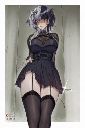 1girl :3 absurdres black_dress black_hair blunt_bangs border breasts closed_mouth clothes_lift commentary criss-cross_halter dress english_commentary garter_straps grey_hair groin hair_ornament halterneck highres hololive hololive_english keisea lace lace-trimmed_dress lace_sleeves lace_trim large_breasts long_hair long_sleeves looking_at_viewer multicolored_hair no_panties paid_reward_available pleated_dress shaded_face shiori_novella short_dress short_hair_with_long_locks skirt skirt_lift solo split-color_hair teasing thighhighs two_side_up virtual_youtuber white_border yellow_eyes