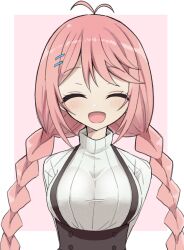 antenna_hair arms_behind_back blush braid breasts closed_eyes commentary_request dress hair_ornament hairclip hibi_wa_sugiredo_meshi_umashi highres irismk3991 kodama_sakura long_hair looking_at_viewer low_twintails medium_breasts open_mouth pink_background pink_hair shirt smile solo suspenders sweater turtleneck turtleneck_sweater twin_braids twintails white_shirt