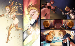 2girls armor axe bikini_armor blonde_hair blue_eyes cape ghost highres knight leotard long_hair metal_skin midriff multiple_girls navel nipples original petrification ponytail pubic_hair pumpkin pumpkin_head pussy red_hair shield sword thick_thighs thighs transformation uns_(sdsxsoverlord) weapon yellow_eyes