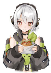 Rule 34 | 1girl, absurdres, anby demara, black gloves, braid, brown eyes, burger, closed mouth, dodo (yatotoyatoto), eating, fingerless gloves, food, gloves, hair between eyes, headphones, highres, holding, holding burger, holding food, light blush, short hair, side braid, sidelocks, simple background, smile, solo, upper body, white background, white hair, zenless zone zero