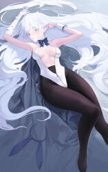 1girl absurdres animal_ear_hairband animal_ears bandaged_arm bandages black_pantyhose blue_archive blue_bow blue_bowtie bow bowtie breasts breasts_apart fake_animal_ears grey_eyes hair_ornament hair_spread_out hairband highres leotard long_hair looking_at_viewer lying medium_breasts nagusa_(blue_archive) on_back open_clothes open_leotard pantyhose parted_lips playboy_bunny rabbit_ear_hairband rabbit_ears sleeveless snowflake_hair_ornament solo unworn_hairband very_long_hair white_hair white_leotard wrist_cuffs yangsongihand zipper_leotard