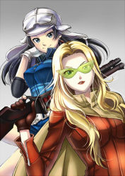 2girls asahi_(megami_tensei) black_hair blonde_hair glasses green-tinted_eyewear gun helmet long_hair multiple_girls natumisena nozomi nozomi_(megami_tensei) shin_megami_tensei shin_megami_tensei_iv_final smile sunglasses tinted_eyewear visor weapon