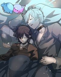 Rule 34 | 2boys, arch bishop (ragnarok online), bed, black bow, black bowtie, black choker, black hair, bow, bowtie, brown shirt, choker, closed eyes, collared shirt, commentary request, datenshi no fu, despair god morroc, grey shirt, hair over one eye, highres, long sleeves, male focus, multiple boys, open mouth, pillow, poring, ragnarok masters, ragnarok online, shirt, short hair, sleeping, stuffed animal, stuffed dolphin, stuffed slime, stuffed toy, upper body, yaoi