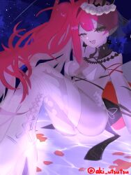 1girl aki_utsutsu ass baobhan_sith_(fate) baobhan_sith_(swimsuit_pretender)_(third_ascension)_(fate) bikini breasts detached_collar earrings fate/grand_order fate_(series) grey_eyes highres jewelry knees_up long_hair looking_at_viewer open_mouth pink_hair pointy_ears side_ponytail sitting smile solo swimsuit tiara veil white_bikini