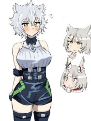 animal_ears blush breast_envy breasts cat_ears cat_girl chest_jewel clothing_cutout confused core_crystal_(xenoblade) crystal diamond_cutout ereka fingerless_gloves gloves high-waist_shorts highres large_breasts looking_at_breasts looking_at_viewer messy_hair mio_(xenoblade) multiple_girls na&#039;el_(xenoblade) nia_(xenoblade) romper short_hair short_shorts shorts simple_background thighhighs white_background xenoblade_chronicles_(series) xenoblade_chronicles_3 xenoblade_chronicles_3:_future_redeemed yellow_eyes