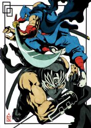 1boy 2019 black_gloves gloves green_eyes highres holding holding_sword holding_weapon katana kuji-in mask mouth_mask multiple_views muscular muscular_male ninja ninja_gaiden ninja_ryuuken_den ryu_hayabusa scarf solo sword weapon white_background zehb_br