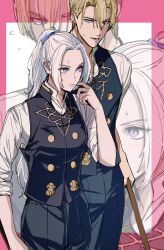 1boy 1girl alternate_costume alternate_hairstyle amikoiiko black_pants black_vest blonde_hair blue_eyes border breasts closed_mouth cowboy_shot dimitri_alexandre_blaiddyd edelgard_von_hresvelg facing_to_the_side fingernails fire_emblem fire_emblem:_three_houses garreg_mach_monastery_uniform hair_between_eyes hair_intakes hair_ribbon hand_on_own_face head_tilt highres holding holding_pole long_hair long_sleeves looking_at_another lower_teeth_only medium_breasts nintendo open_mouth outside_border pants pink_background pink_border pink_lips pleated_pants pole ponytail purple_eyes purple_ribbon ribbon shirt short_hair simple_background sleeves_rolled_up sternocleidomastoid_muscle sweatdrop teeth two-tone_background vest waistcoat white_background white_hair white_shirt zoom_layer