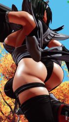1girl 3d ass black_hair black_leotard blue_sky breasts butterfly_swords curvy fighting_stance forest highleg highleg_leotard highres huge_ass iroha_(samurai_spirits) large_breasts leotard leotard_under_clothes looking_to_the_side maid maid_headdress nature ryona samurai_spirits screencap shiny_skin short_hair sideboob skindentation sky solo thighhighs third-party_edit thong_leotard tree wide_hips