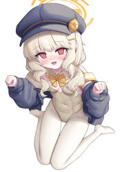 1girl alternate_costume aoba_(blue_archive) black_hat blue_archive breasts halo hat highres leotard looking_at_viewer low_twintails metaljelly open_mouth orange_halo pantyhose playboy_bunny simple_background small_breasts solo twintails white_background white_leotard white_pantyhose