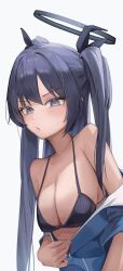 1girl absurdres alternate_costume bare_shoulders bikini bikini_under_clothes black_bikini blue_archive blue_eyes blue_hair blush breasts cleavage collarbone halo highres jacket jacket_partially_removed jun_daniell long_hair looking_at_viewer mechanical_halo medium_breasts open_clothes outdoors sidelocks simple_background solo sweat swimsuit track_jacket two_side_up upper_body white_background yuuka_(blue_archive)