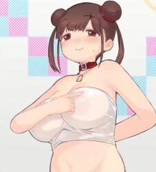 Rule 34 | 1girl, animated, animated gif, areolae visible through clothing, bare shoulders, breasts, brown eyes, brown hair, choker, hair bun, heart-shaped ornament, jewelry, large areolae, large breasts, looping animation, manroomkari, midriff, necklace, nipples, solo, tagme, video